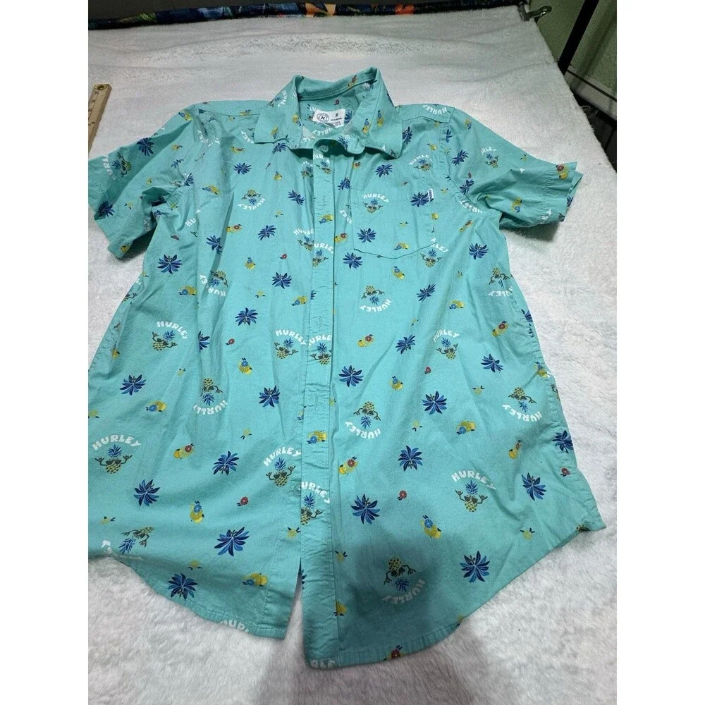 Hurley Men's Teal Party Hawaiian Short Sleeve Button Up Shirt‎ M Bright AOP